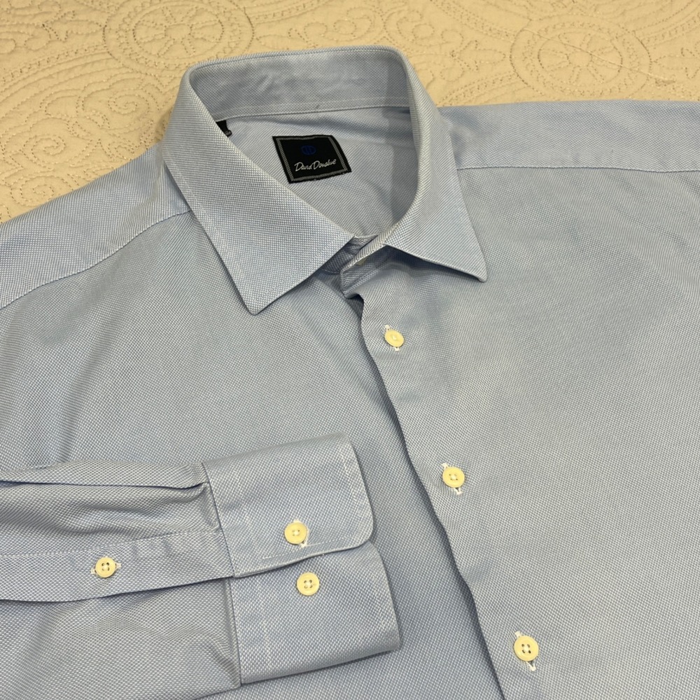 David Donahue Mens Light Blue 100% Cotton Dress Shirt 18.5 34/35 Micro Pattern